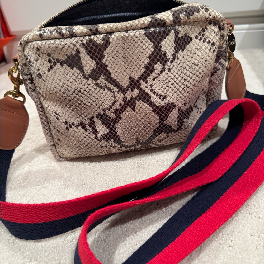 Clare V Snakeskin Bag with Red and Blue Strap